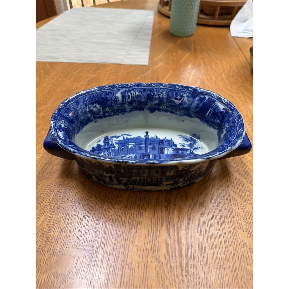 Victoria Ware Ironstone Flow Blue & White Double Handle Oval Serving Dish